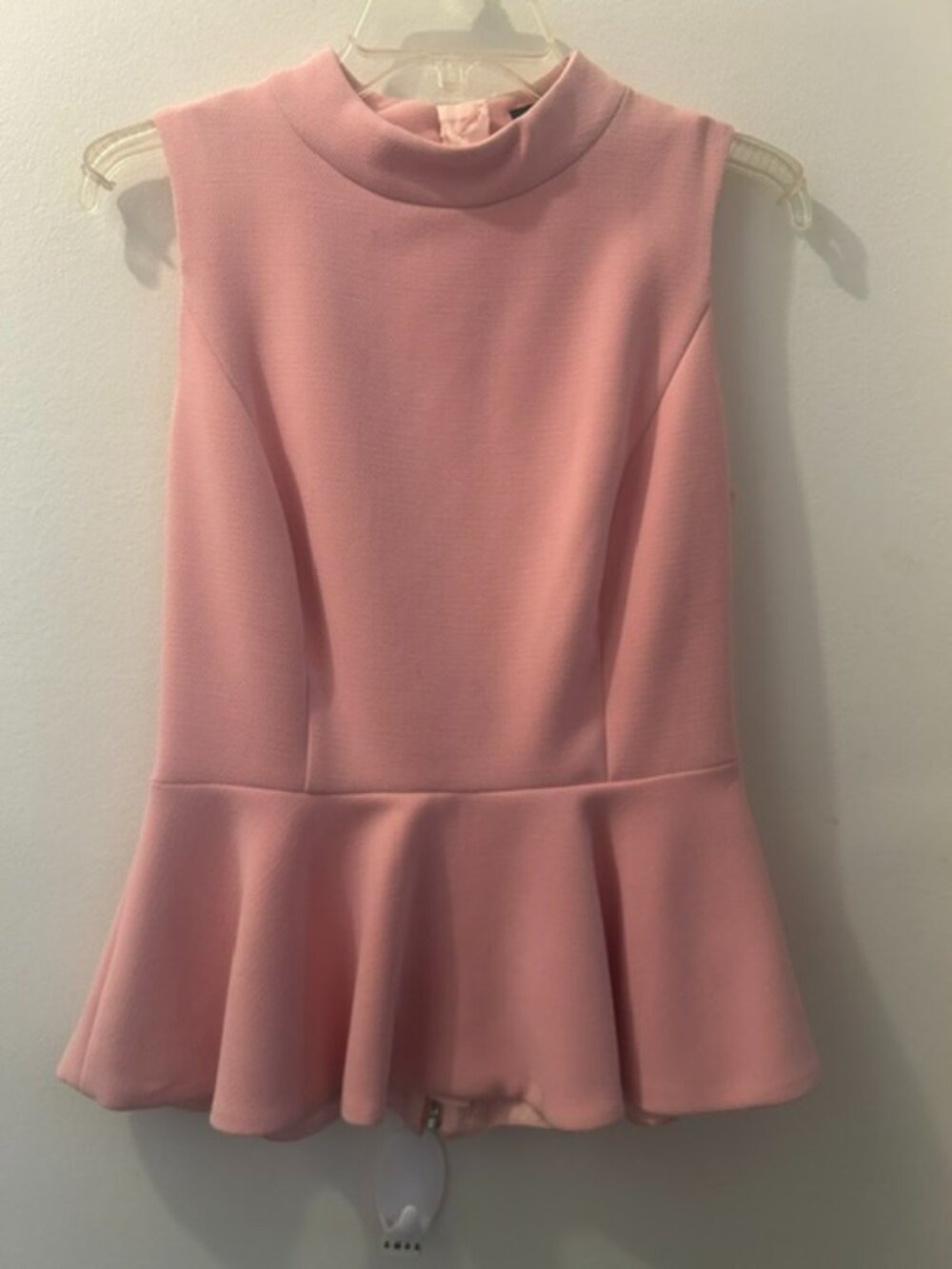 Pink Tartan Light Pink Peplum Mock Neck Collar Zip Back Tulip Hem Lined Top NWT